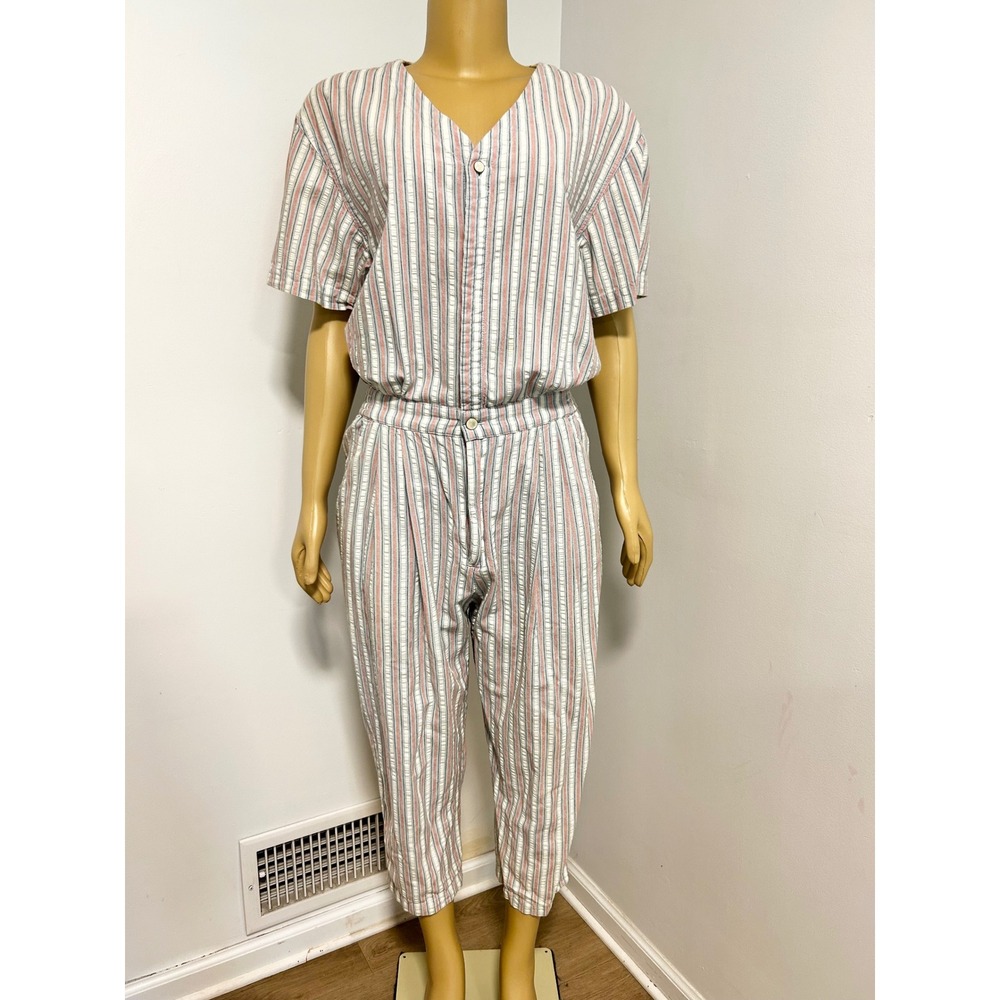 Lizwear Vintage Womens Red Blue White Striped Seersucker Jumpsuit Size 14